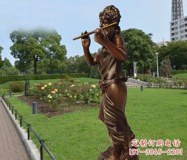 济宁吹笛子的美女城市花园景观玻璃钢仿铜雕塑