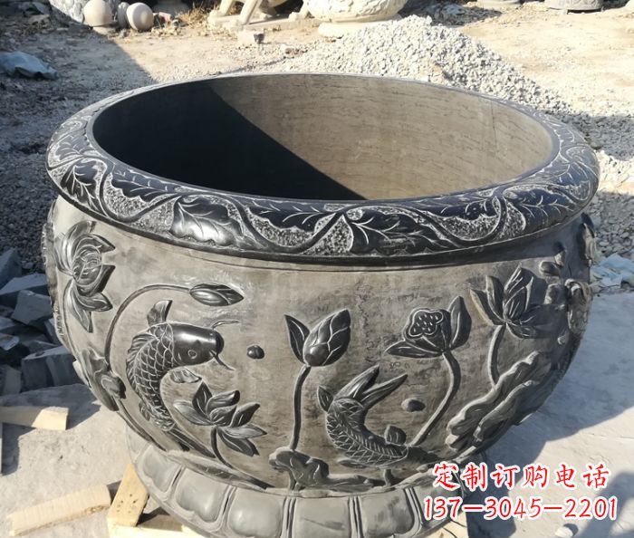 济宁青石仿古雕塑荷花水缸