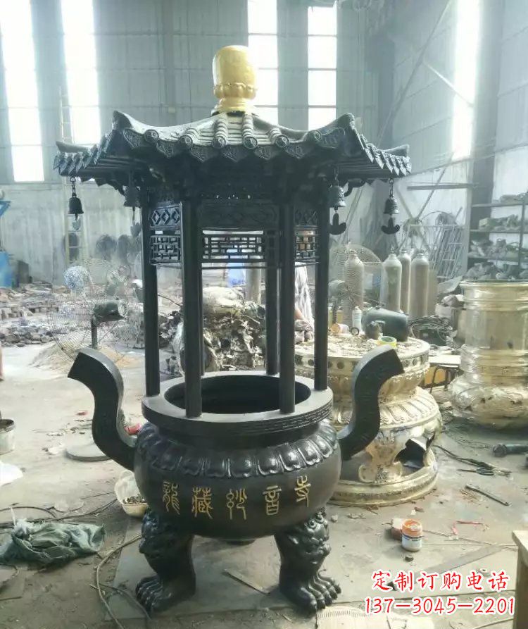 济宁寺庙圆香炉铜雕 (2)